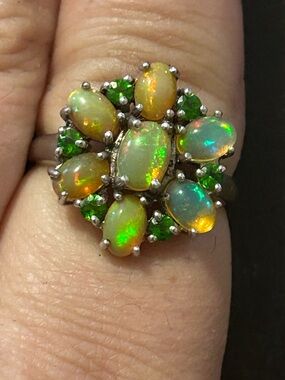 Opal and Green Gemstone Cluster Ring